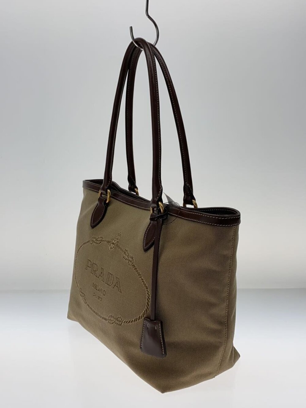 Prada Bag brown Logo Tote canvas leather Jacquard beige Brown Tan
